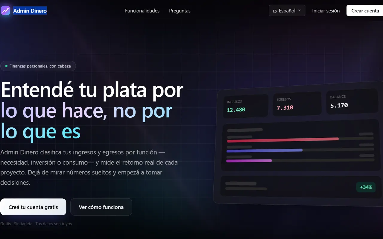 Captura da página inicial do projeto Admin Dinero
